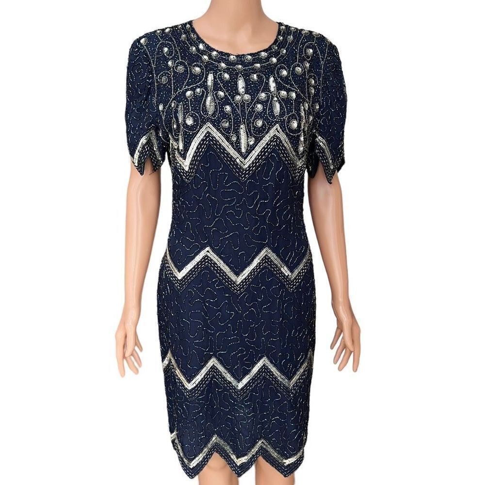 Laurence Kazar  vintage Women's Navy Silver Beaded Sequin Silk Dress Size PM